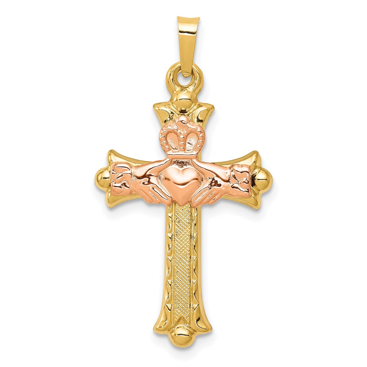 14K Two Tone Gold Claddagh Cross Pendant Charm Jewelry 34mm 34mm x 18mm